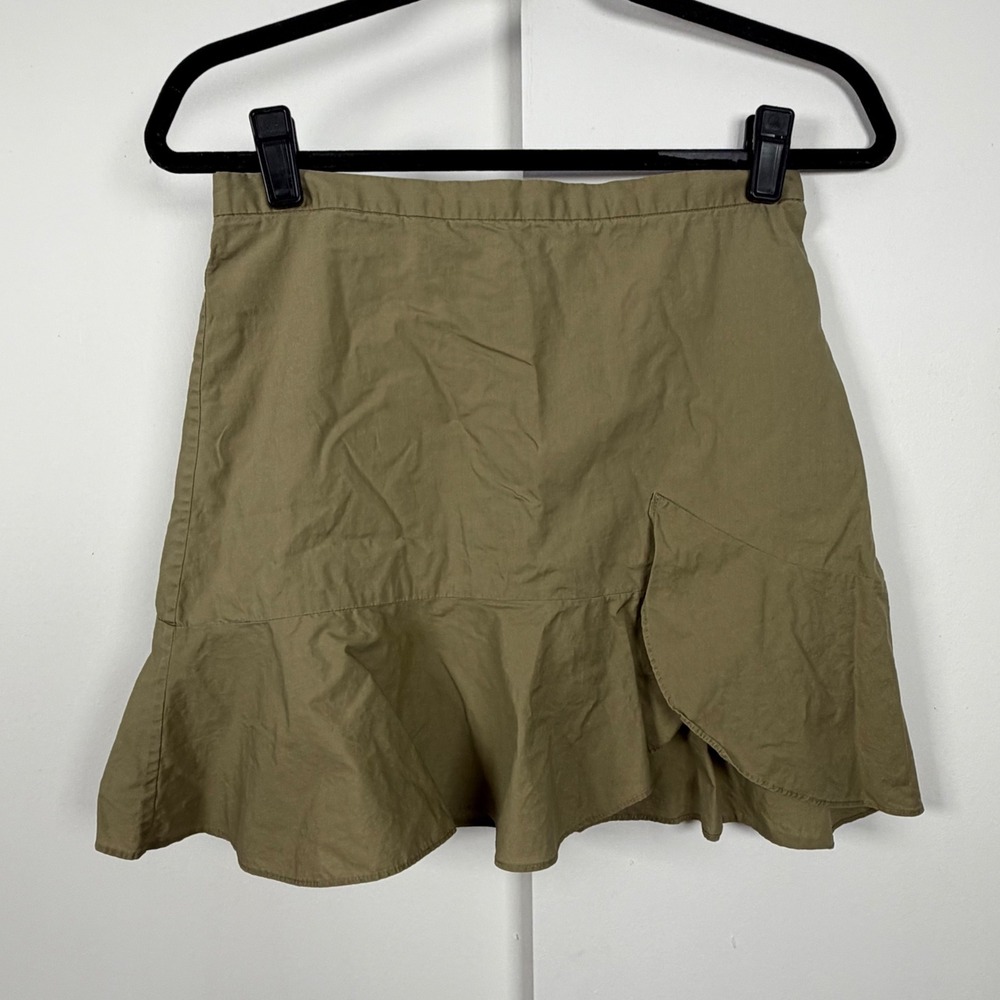 Madewell Women Green Khaki Ruffle Flounce Mini Skirt Cotton Size 0